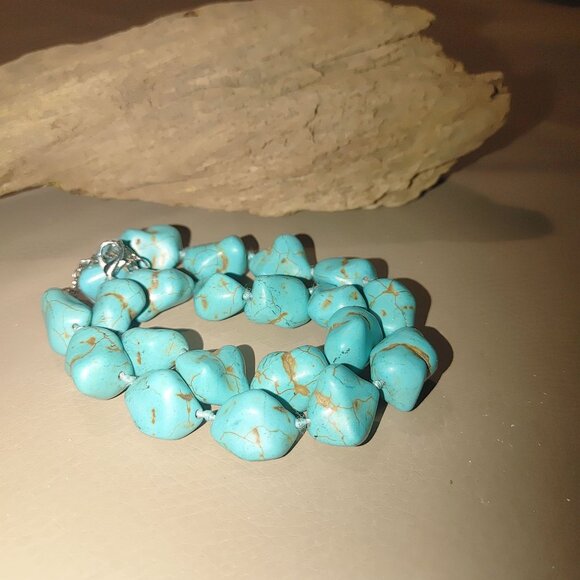 Turquoise Color Stone Nugget Bead Necklace Adjustable Chain - Picture 3 of 8